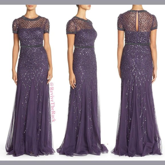 NWT $318 Adrianna Papell Beaded Mesh Godet Gown in Prune‎ Purple [SZ 2 ] - Picture 1 of 9